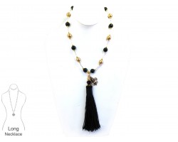 Black Gold Pearl Bugle Bead Tassel Necklace