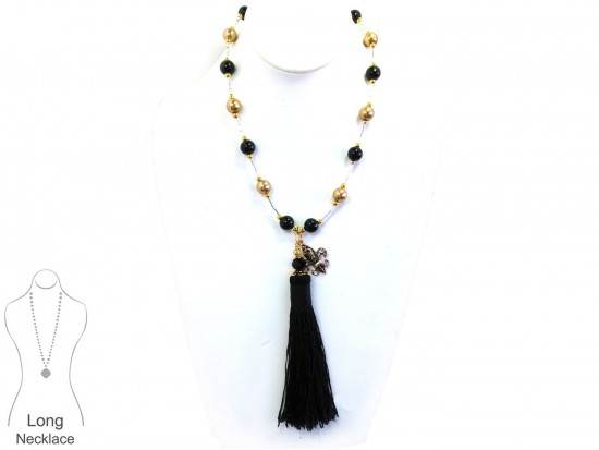 Black Gold Pearl Bugle Bead Tassel Necklace