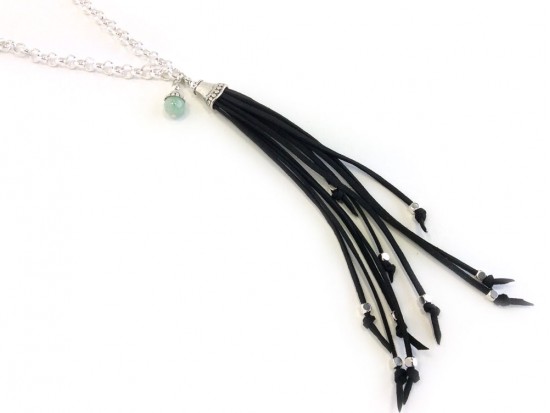 Silver Black Leather Tassel Chain Necklace
