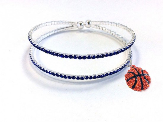 Blue Basketball 2 Line Crystal Memory Wire Bracelet