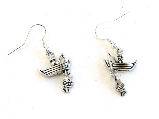 Silver Man In Boat Fishing Hook Earrings Silver Man In Boat Fishing Hook Earrings