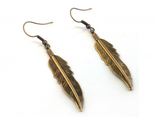 Gold Etched Feather Hook Earrings