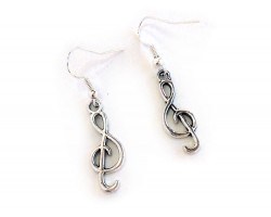 Silver Treble Clef Music Note Charm Hook Earrings