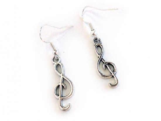 Silver Treble Clef Music Note Charm Hook Earrings