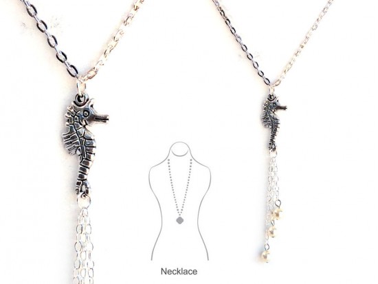 Silver Sea Horse Cascade Pearl Tail Necklace