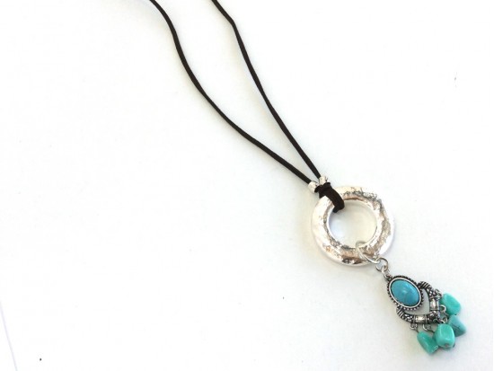 Turquoise Charm Silver Metal Disc Leather Necklace