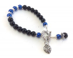 Blue Black Bead Heart Charm Toggle Bracelet