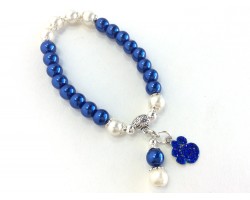 Blue White Pearl Paw Print Charm Stretch Bracelet