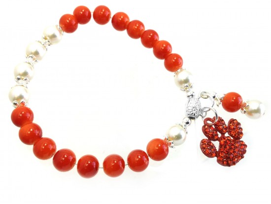 Orange White Pearl Paw Print Stretch Bracelet