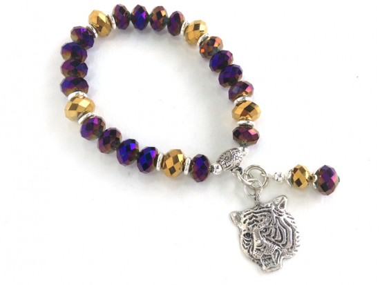 Purple Gold Crystal Tiger Stretch Charm Bracelet