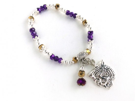 Purple Gold Silver Stretch Tiger Charm Bracelet