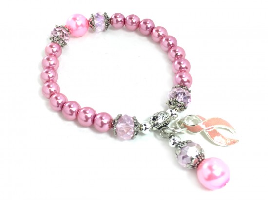 Pink Crystal Cancer Ribbon Pearl Stretch Bracelet Pink Crystal Cancer Ribbon Pearl Stretch Bracelet
