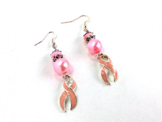 Pink Cancer Ribbon Pearl Hook Earrings