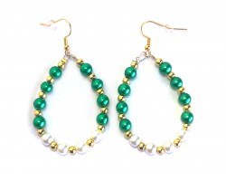 Green White Pearl Teardrop Gold Hook Earrings