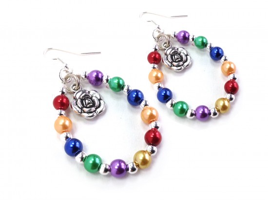 Multi Flower Pearl Teardrop Silver Hook Earrings