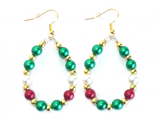 Red Green White Pearl Teardrop Gold Hook Earrings