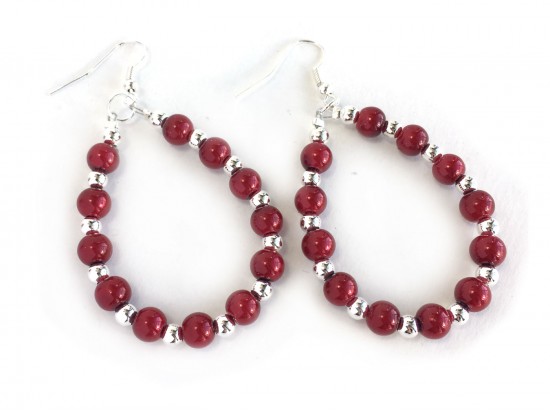 Red Pearl Teardrop Silver Hook Earrings