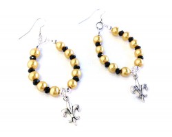 Black Gold Pearl Fleur De Lis Teardrop Hook Earrings