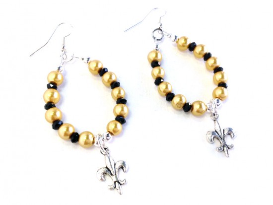 Black Gold Pearl Fleur De Lis Teardrop Hook Earrings
