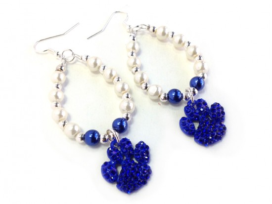 White Blue Pearl Paw Print Teardrop Hook Earrings