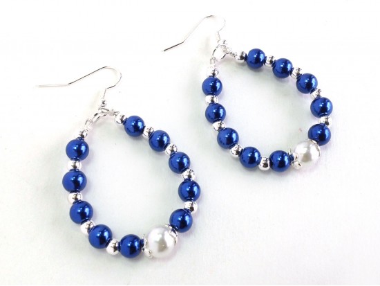 Blue White Pearl Teardrop Silver Hook Earrings