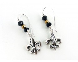Black Silver Fleur De lis Crystal  Loop Earrings