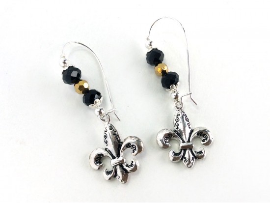 Black Silver Fleur De lis Crystal  Loop Earrings