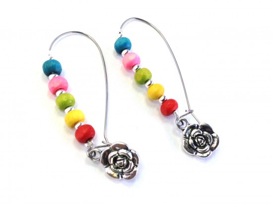 Multi Colored Wood Bead Flower Loop Earrings Multi Colored Wood Bead Flower Loop Earrings