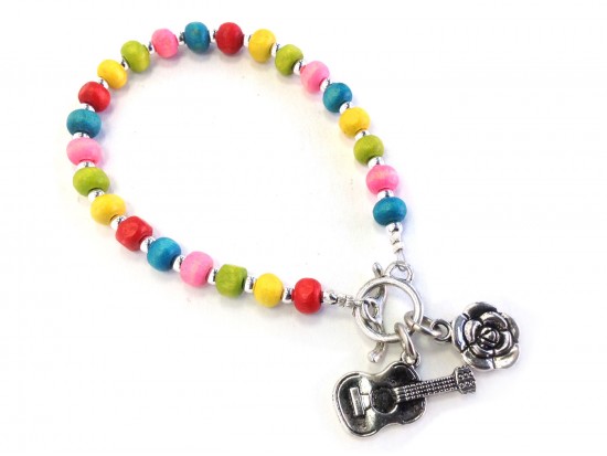 Multi Wood Guitar Flower Stretch Toggle Bracelet