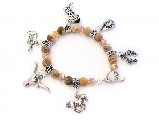 Brown Stone Western Theme Charm Stretch Bracelet Brown Stone Western Theme Charm Stretch Bracelet