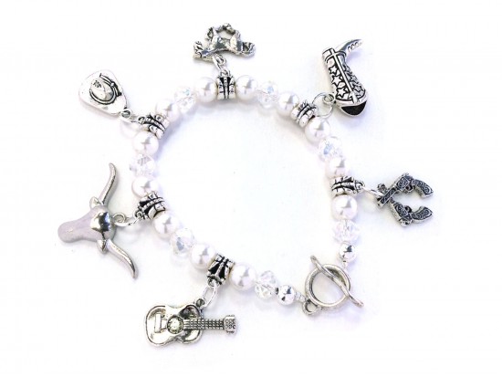 Pearl White Western Theme Charm Stretch Bracelet