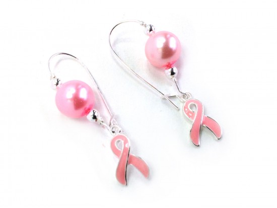 Pink Cancer Ribbon Pearl Loop Earrings
