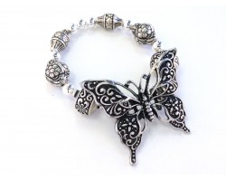 Silver Butterfly Barrel Bead Stretch Bracelet