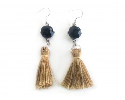 Gold Tassel Black Crystal Silver Hook Earrings