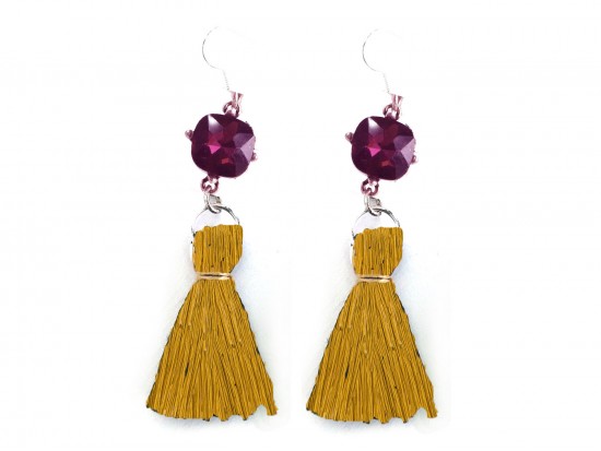 Gold Tassel Purple Crystal Silver Hook Earrings