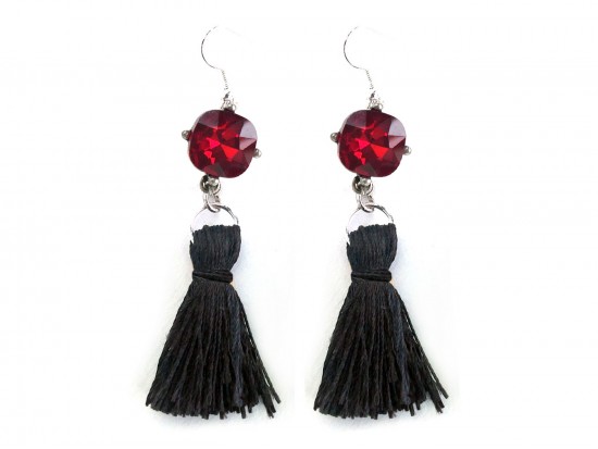 Black Tassel Red Crystal Silver Hook Earrings