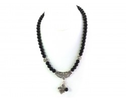 Black Silver Fleur De Lis Glass Bead Necklace