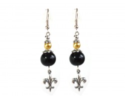 Black Gold Bead Fleur De Lis Hook Earrings
