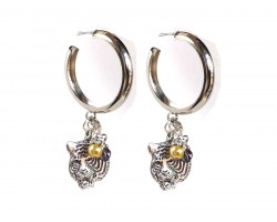 Purple Gold Tiger Hoop Post Silver Earrings