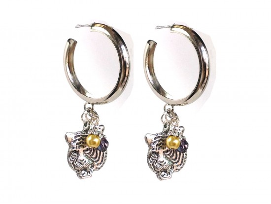 Purple Gold Tiger Hoop Post Silver Earrings