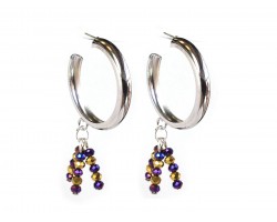Purple Gold Bead Hoop Post Silver Earrings