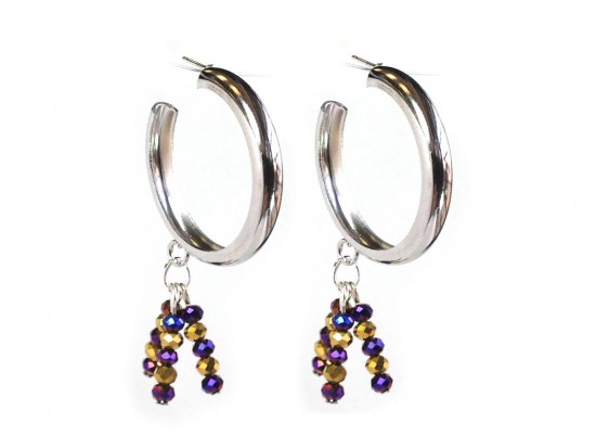 Purple Gold Bead Hoop Post Silver Earrings