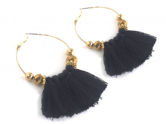 Black Tassel Crystal Gold Hoop Earrings