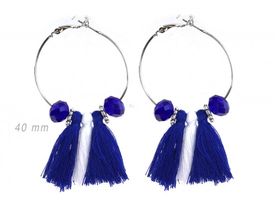 Blue White Tassel Crystal Silver Hoop Earrings