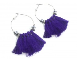 Purple Tassel Crystal Silver Hoop Earrings