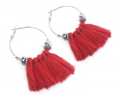 Red Tassel Crystal Silver Hoop Earrings
