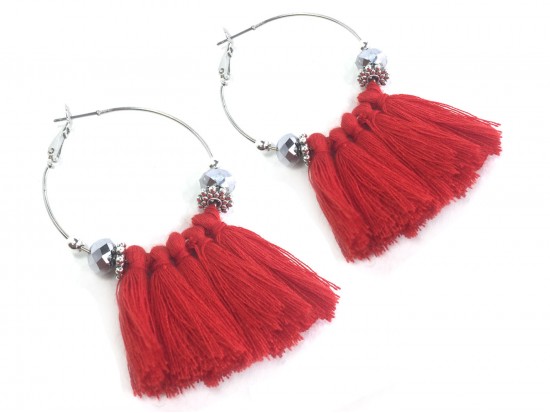 Red Tassel Crystal Silver Hoop Earrings Red Tassel Crystal Silver Hoop Earrings