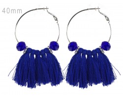 Blue Tassel Crystal Silver Hoop Earrings