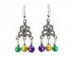 Mardi Gras Color Pearl Chandelier Hook Earrings