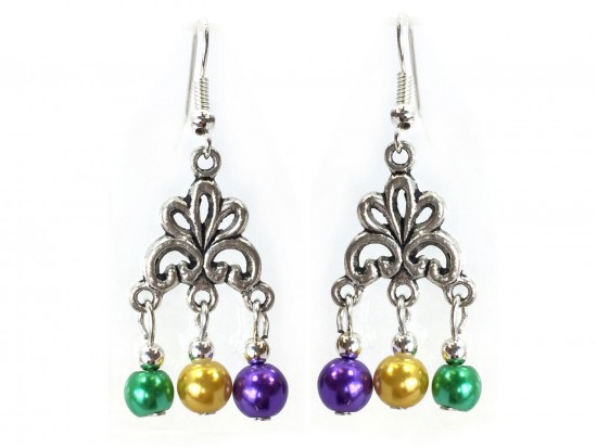Mardi Gras Color Pearl Chandelier Hook Earrings